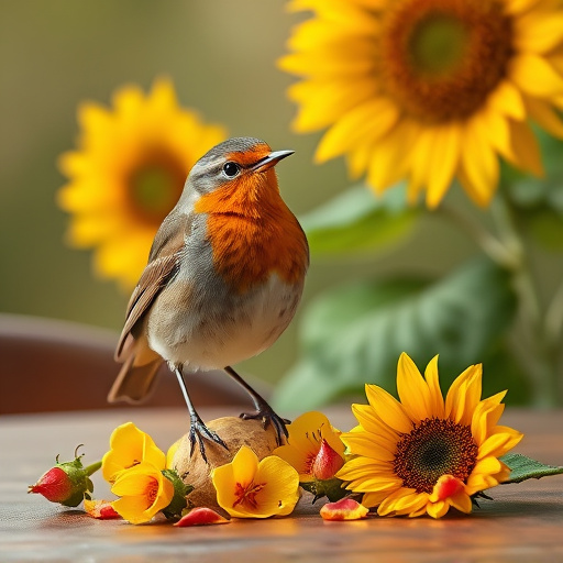 Robin perched near sunflower hearts on table