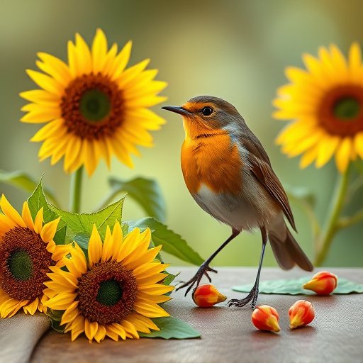 Robin perched near sunflower hearts on table