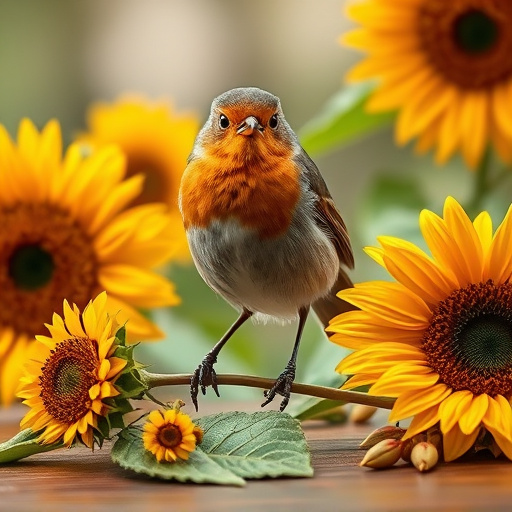 Robin perched near sunflower hearts on table