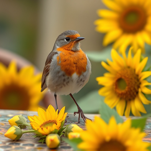 Robin perched near sunflower hearts on table
