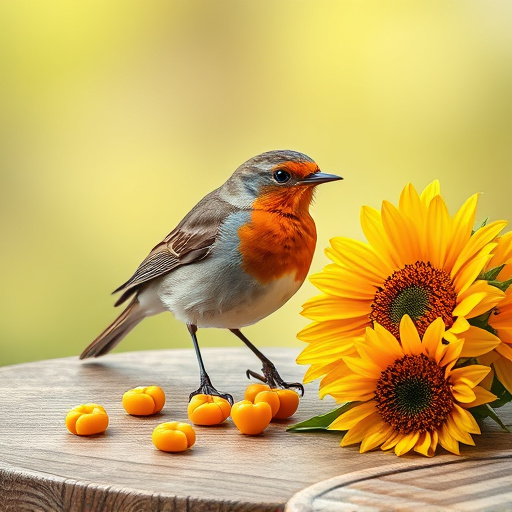 Robin perched near sunflower hearts on table