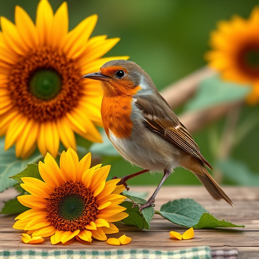 Robin perched near sunflower hearts on table