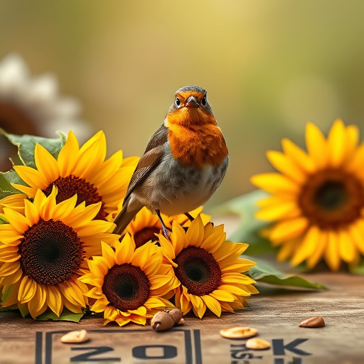 Robin perched near sunflower hearts on table