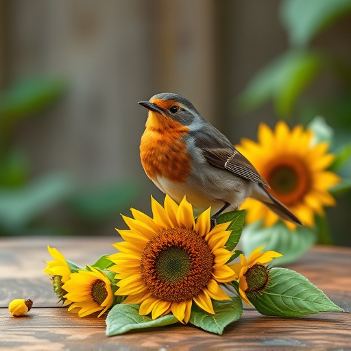 Robin perched near sunflower hearts on table
