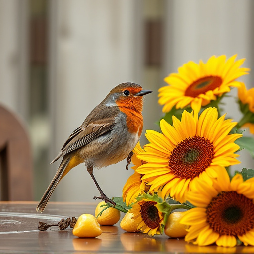 Robin perched near sunflower hearts on table