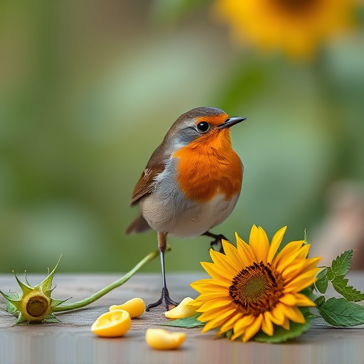 Robin perched near sunflower hearts on table