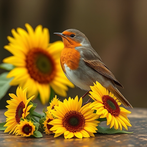 Robin perched near sunflower hearts on table