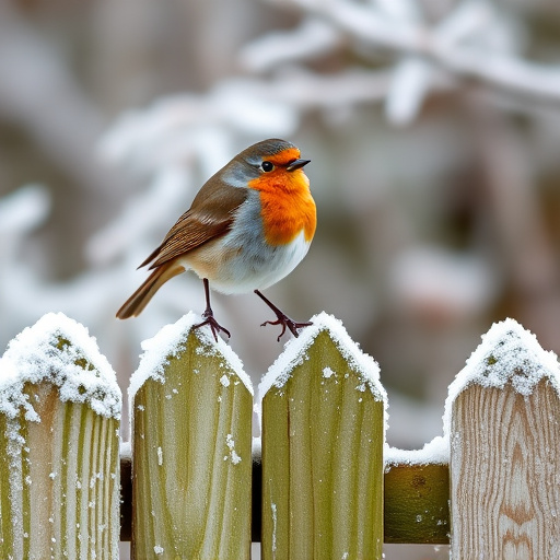 Robin perched on frosty garden fence