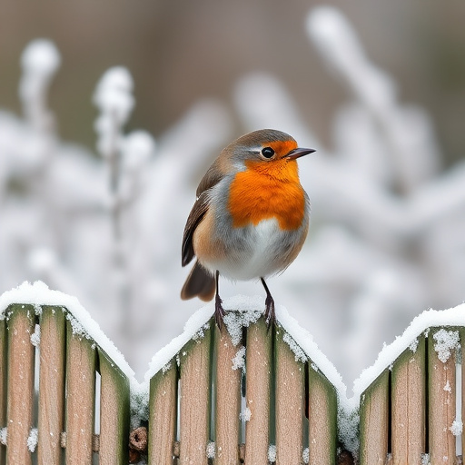 Robin perched on frosty garden fence