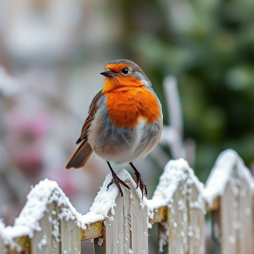 Robin perched on frosty garden fence