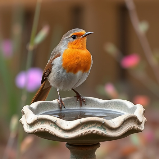 Robin perched on rustic garden bird bath