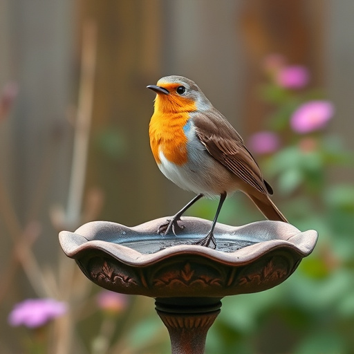 Robin perched on rustic garden bird bath