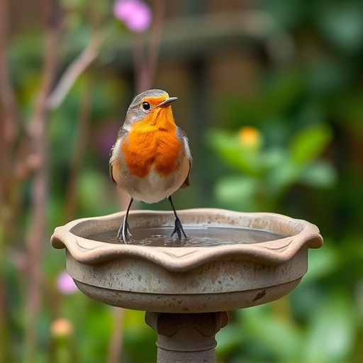 Robin perched on rustic garden bird bath