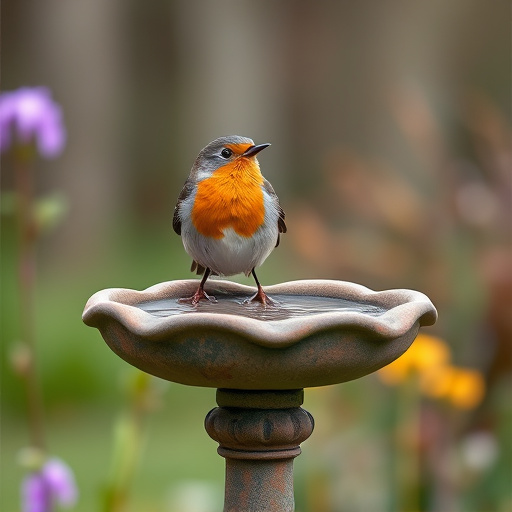 Robin perched on rustic garden bird bath