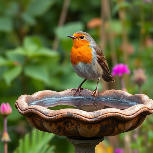 Robin perched on rustic garden bird bath