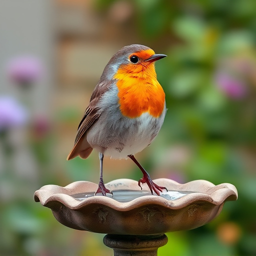 Robin perched on rustic garden bird bath