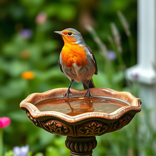 Robin perched on rustic garden bird bath