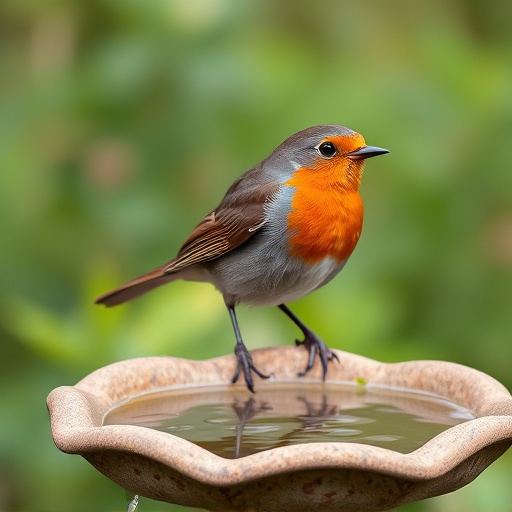 Robin perched on rustic garden bird bath
