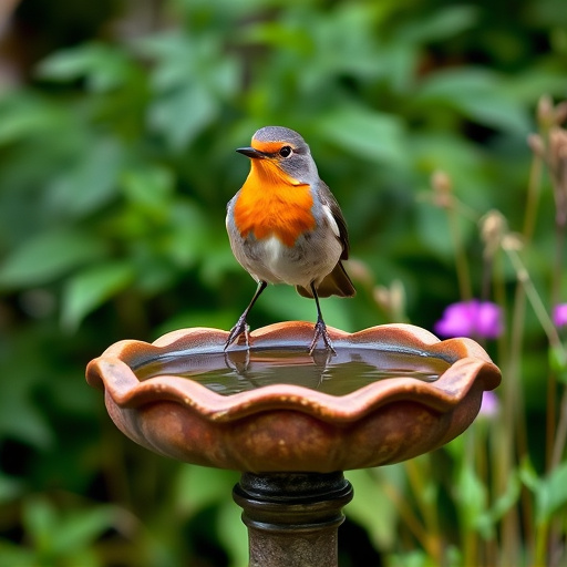 Robin perched on rustic garden bird bath