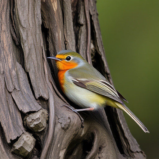 Robin resting near tree trunk