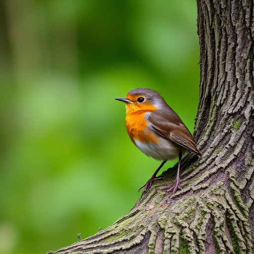 Robin resting near tree trunk