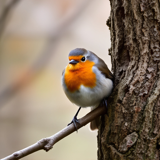 Robin resting near tree trunk