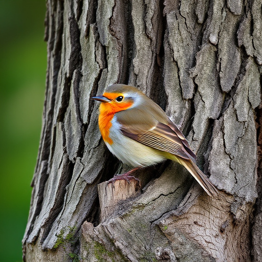 Robin resting near tree trunk