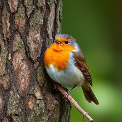 Robin resting near tree trunk