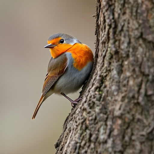 Robin resting near tree trunk