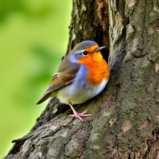Robin resting near tree trunk