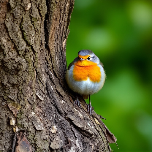 Robin resting near tree trunk