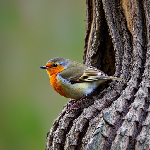 Robin resting near tree trunk