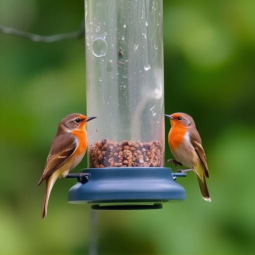 Robins and tits eating from hanging feeder