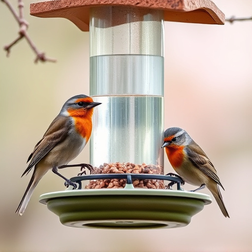 Robins and tits eating from hanging feeder