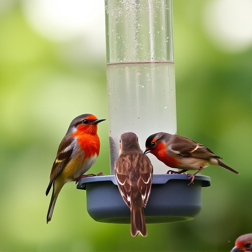 Robins and tits eating from hanging feeder
