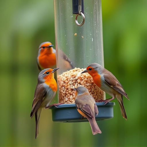 Robins and tits eating from hanging feeder