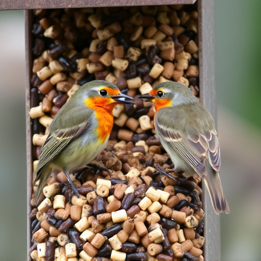 Robins eating from suet pellet pile