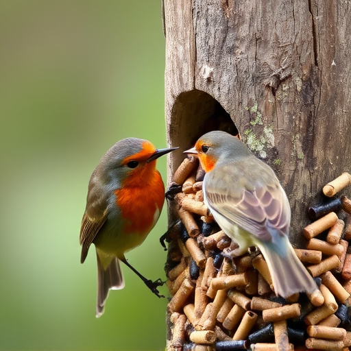 Robins eating from suet pellet pile
