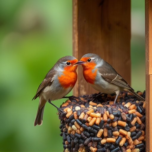 Robins eating from suet pellet pile