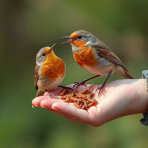 Robins eating mealworms from hand