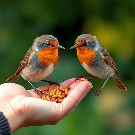 Robins eating mealworms from hand