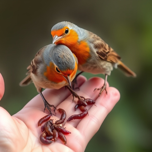 Robins eating mealworms from hand