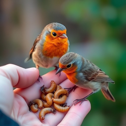 Robins eating mealworms from hand