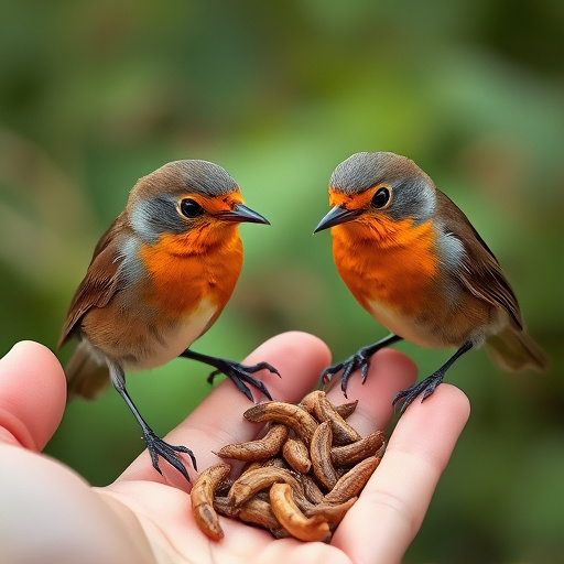 Robins eating mealworms from hand