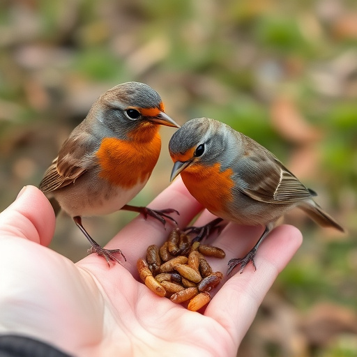 Robins eating mealworms from hand