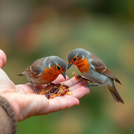 Robins eating mealworms from hand