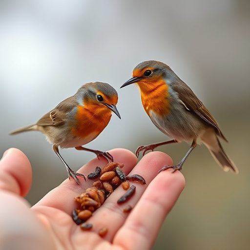 Robins eating mealworms from hand