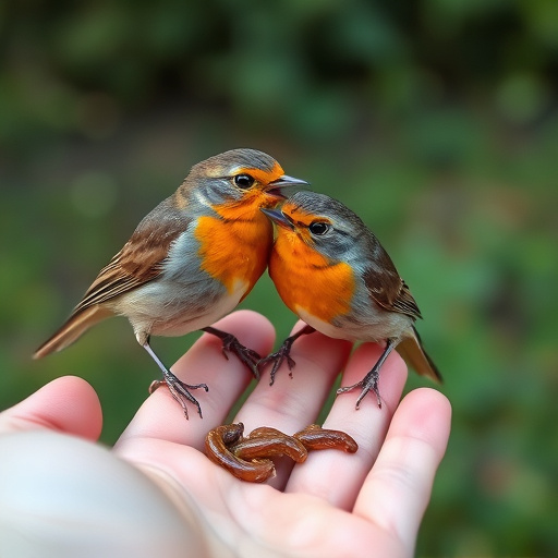 Robins eating mealworms from hand