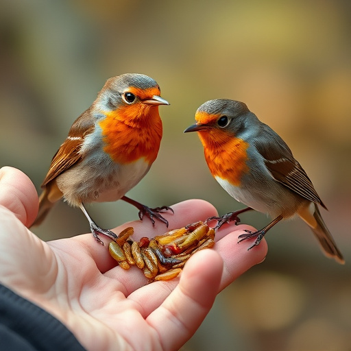 Robins eating mealworms from hand