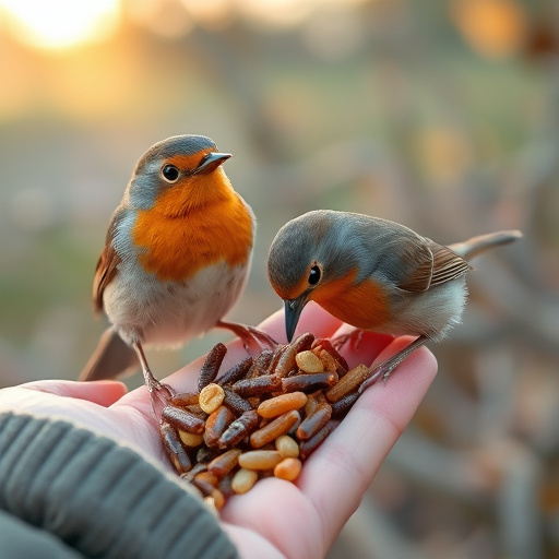 Robins eating mealworms from hand